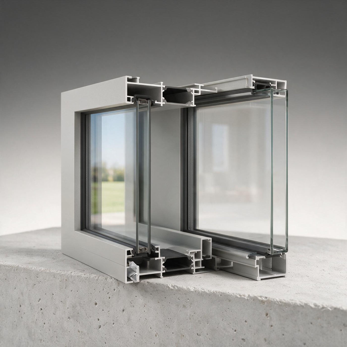 Cross section of a slim aluminium window frame