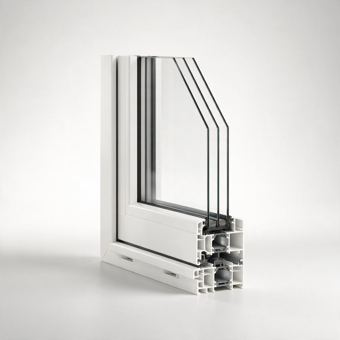 Cross section of a triple glazed uPVC window profile